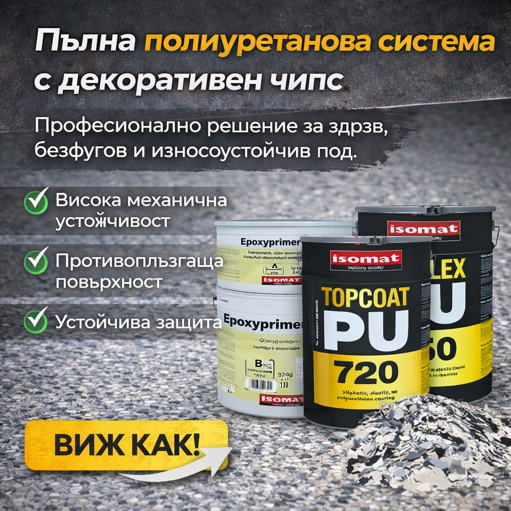 Полагане на декоративен чипс и запечатване с PU 650
