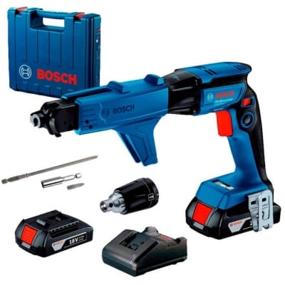 Акумулаторен винтоверт за гипсокартон Bosch GTB 185-LI Professional с GMA 55, 2 батерии, GBA 18V 2.0Ah, зарядно GAL 18V-20 в куфар