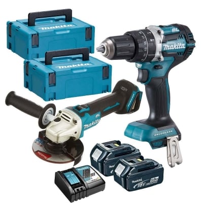 Комплект акумулаторни инструменти Makita DLX2179TJ1 (Винтоверт + Ъглошлайф) с 2 батерии 18V, 5Ah, зарядно и 2 куфара тип Makpac