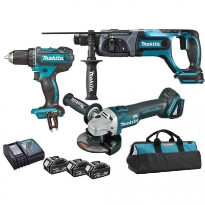 Комплект акумулаторни инструменти Makita DLX3078TX1 - винтоверт, перфоратор, ъглошлайф с 3 батерии 18V, 5Ah, зарядно и чанта