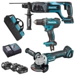 Комплект акумулаторни инструменти Makita DLX3078TX1 - винтоверт, перфоратор, ъглошлайф с 3 батерии 18V, 5Ah, зарядно и чанта